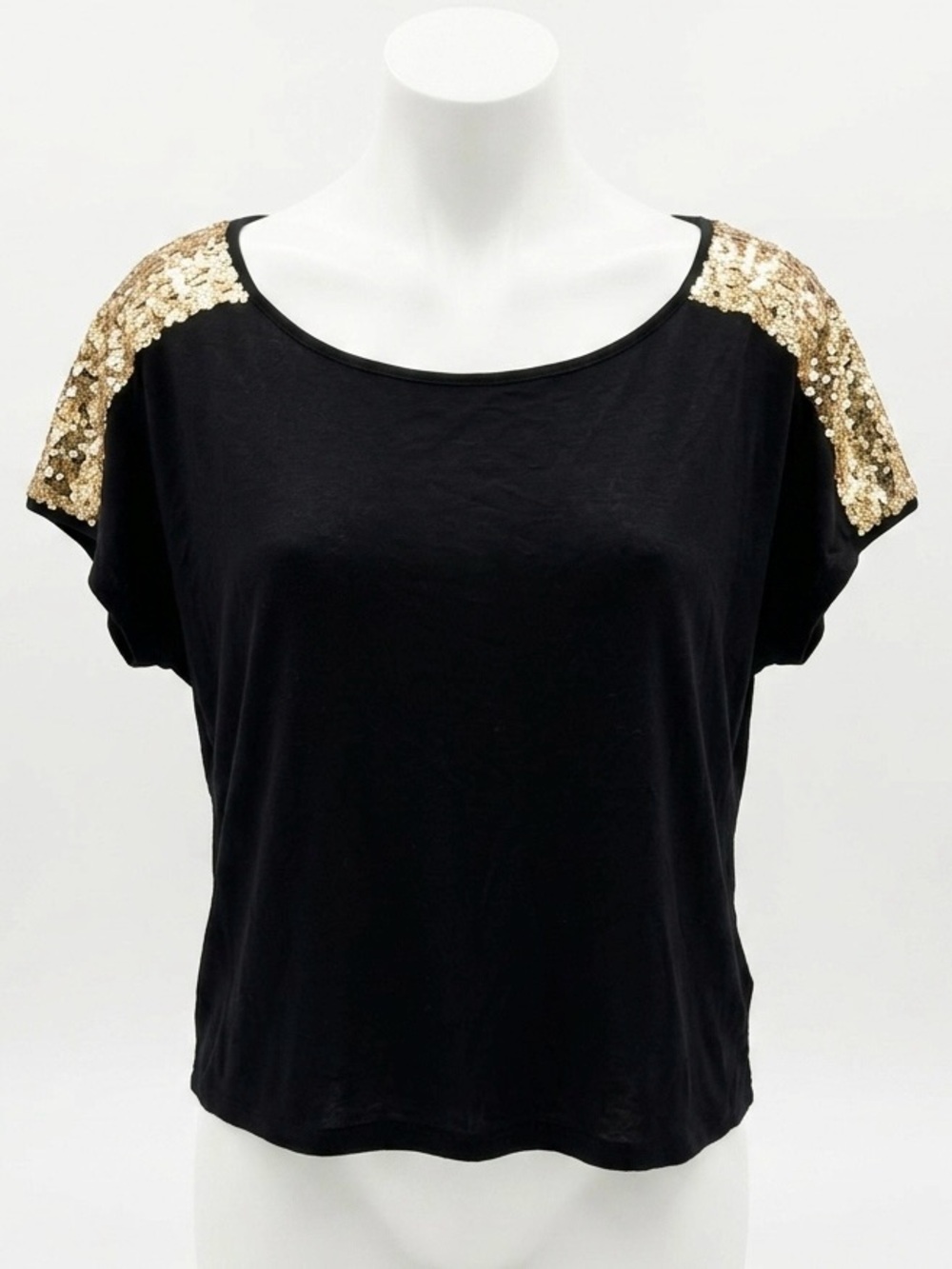Forever 21 Black Scoop Neck Top with Gold Sequin Shoulders - Size L